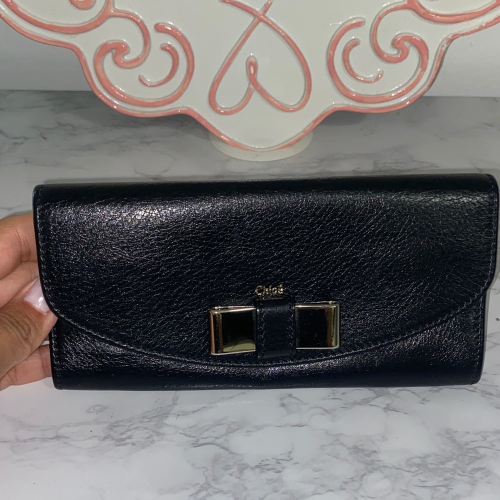 Chloe Black Leather Wallet with Gold Accents